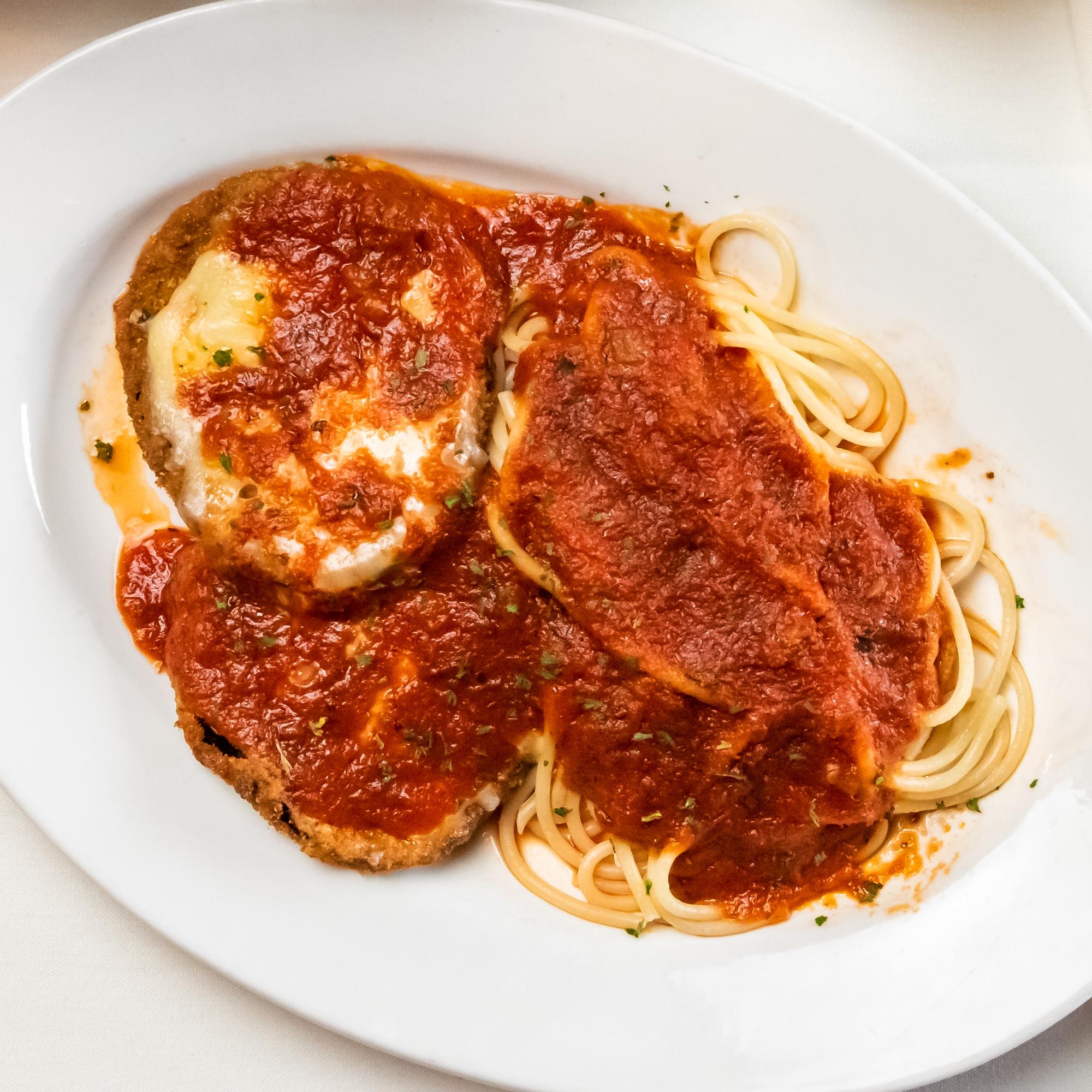 Eggplant Parmigiana w/ Spaghetti.