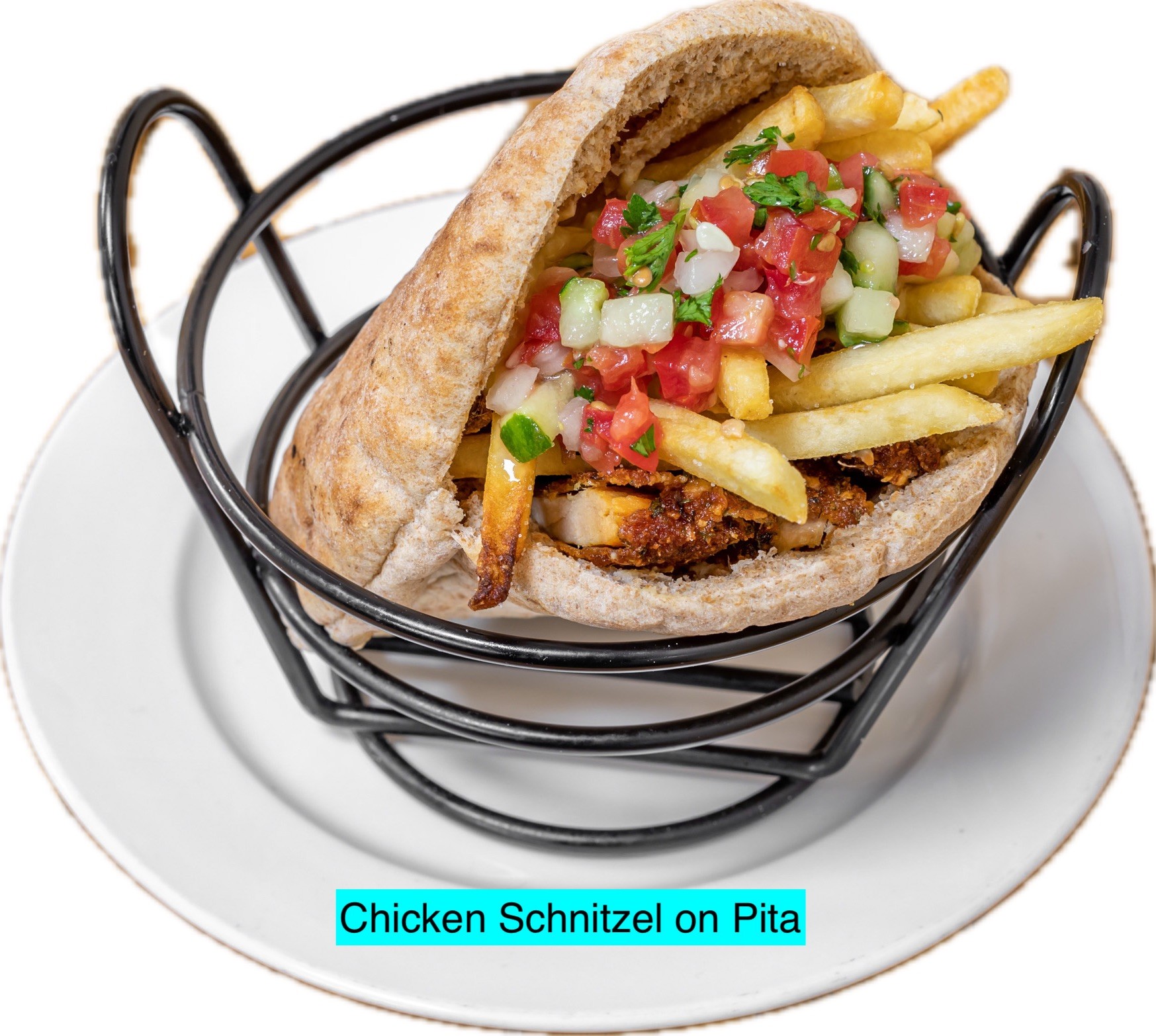 Chicken Schnitzel, FF, Tahini, Hummus, Israeli Salad.