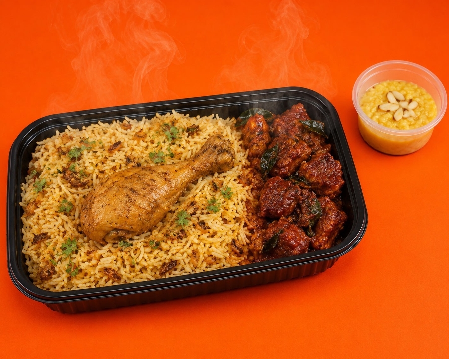 Chicken Biriyani + Chicken 65 + Dessert.