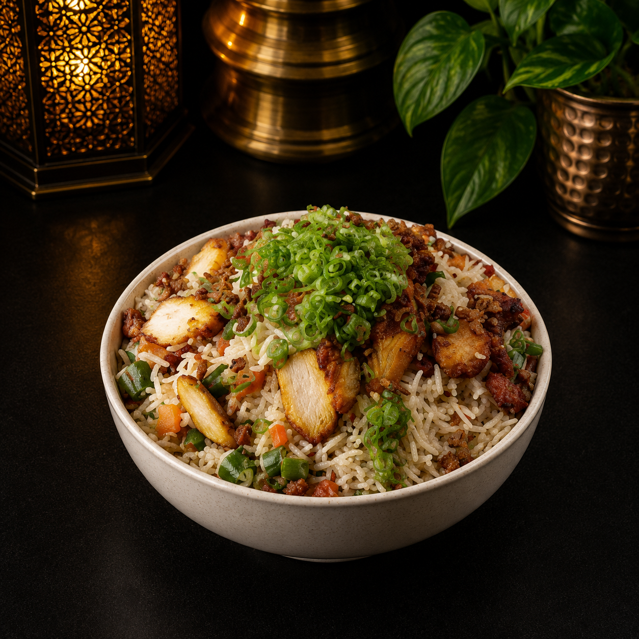 Burnt Garlic Chicken Fried Rice.