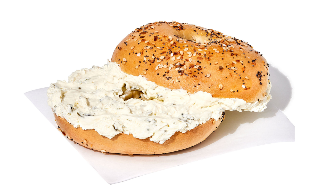 Cream Cheese on a Toasted Bagel.