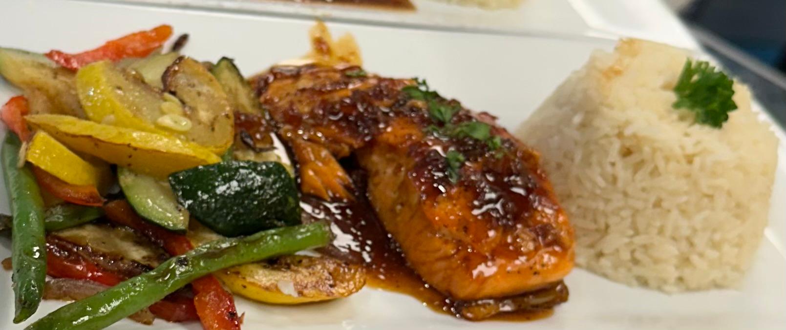 Honey-Garlic Glazed Salmon., Rice & Vegetables.