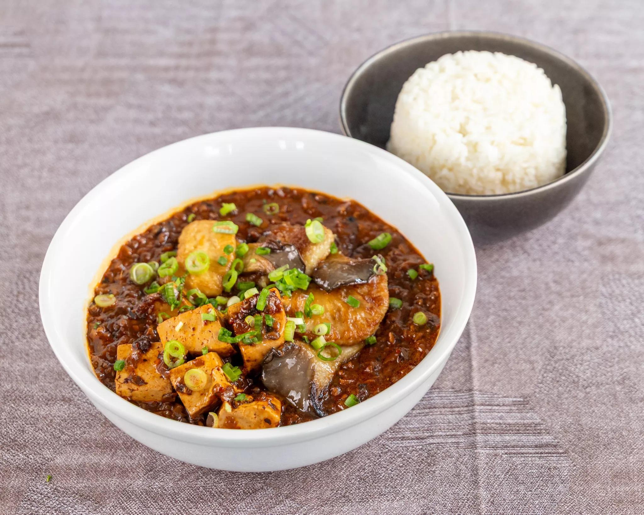 Tofu & Mushroom Mapo Rice Bowl.