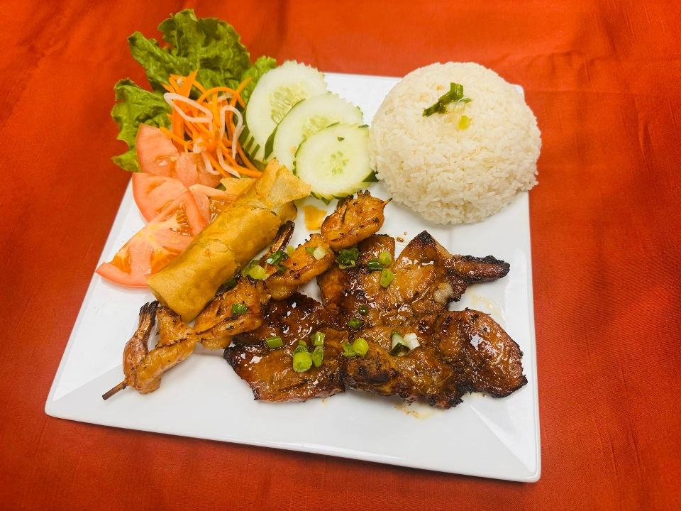 37-Grilled Shrimp, Pork Chop and Spring Roll on Rice - Com Tom Suon Cha Gio.
