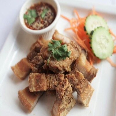 Crispy Pork Belly with Spicy Tamarin Sauce.