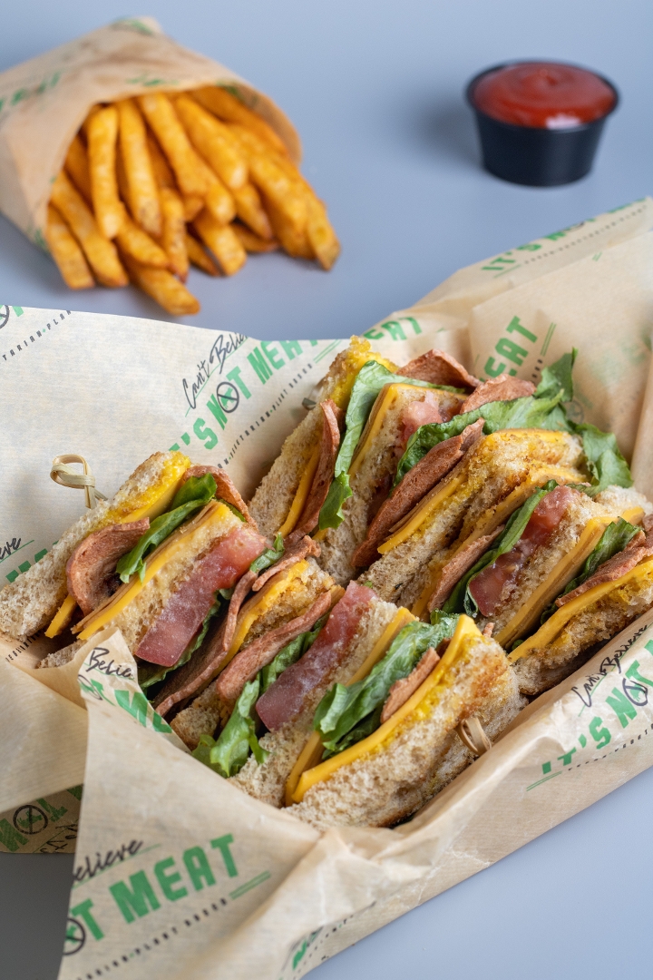 TRIPLE DECKER VEGAN TURKEY & BACON CLUB SANDWICH!.