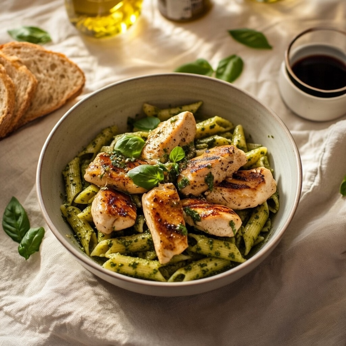 GF Chicken Pesto (Gluten Free Penne Pasta, Freshly Grilled Chicken, Pistou Sauce, Mozzarella, Cherry Tomatoes, Black Olives).