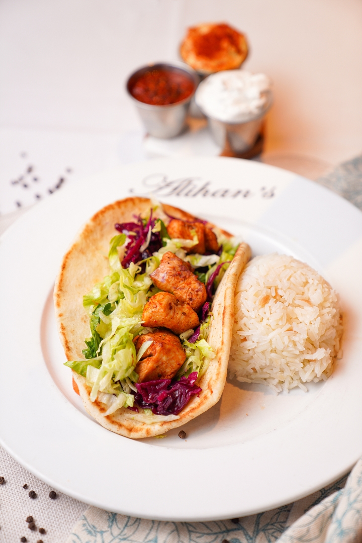 Lunch Chicken Shish, Pita, Salad.
