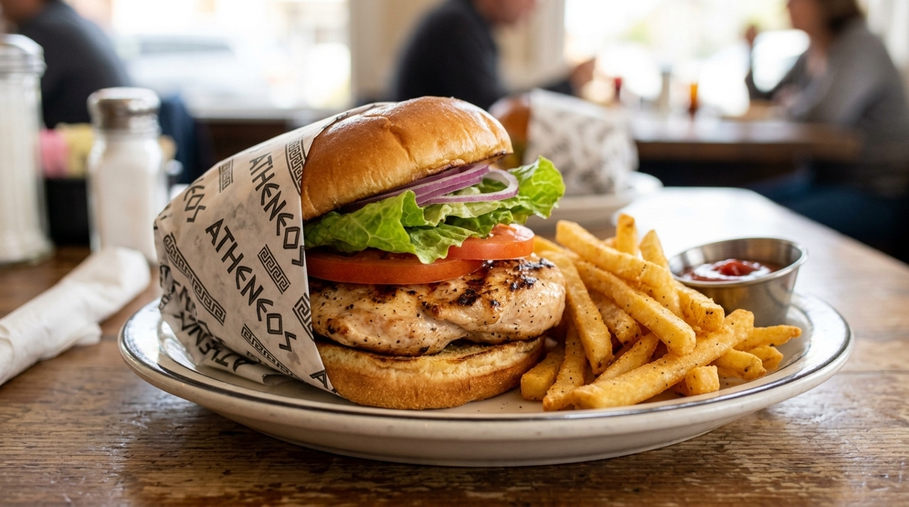 Chicken Sandwich On The Bun With Fries.