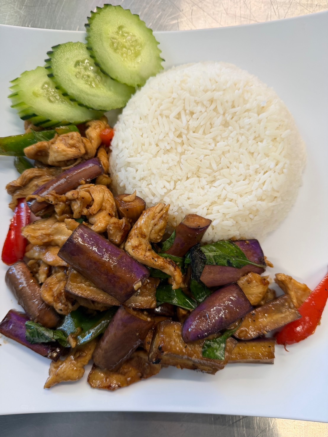 Eggplant Stir Fry Served with Jasmine Rice.
