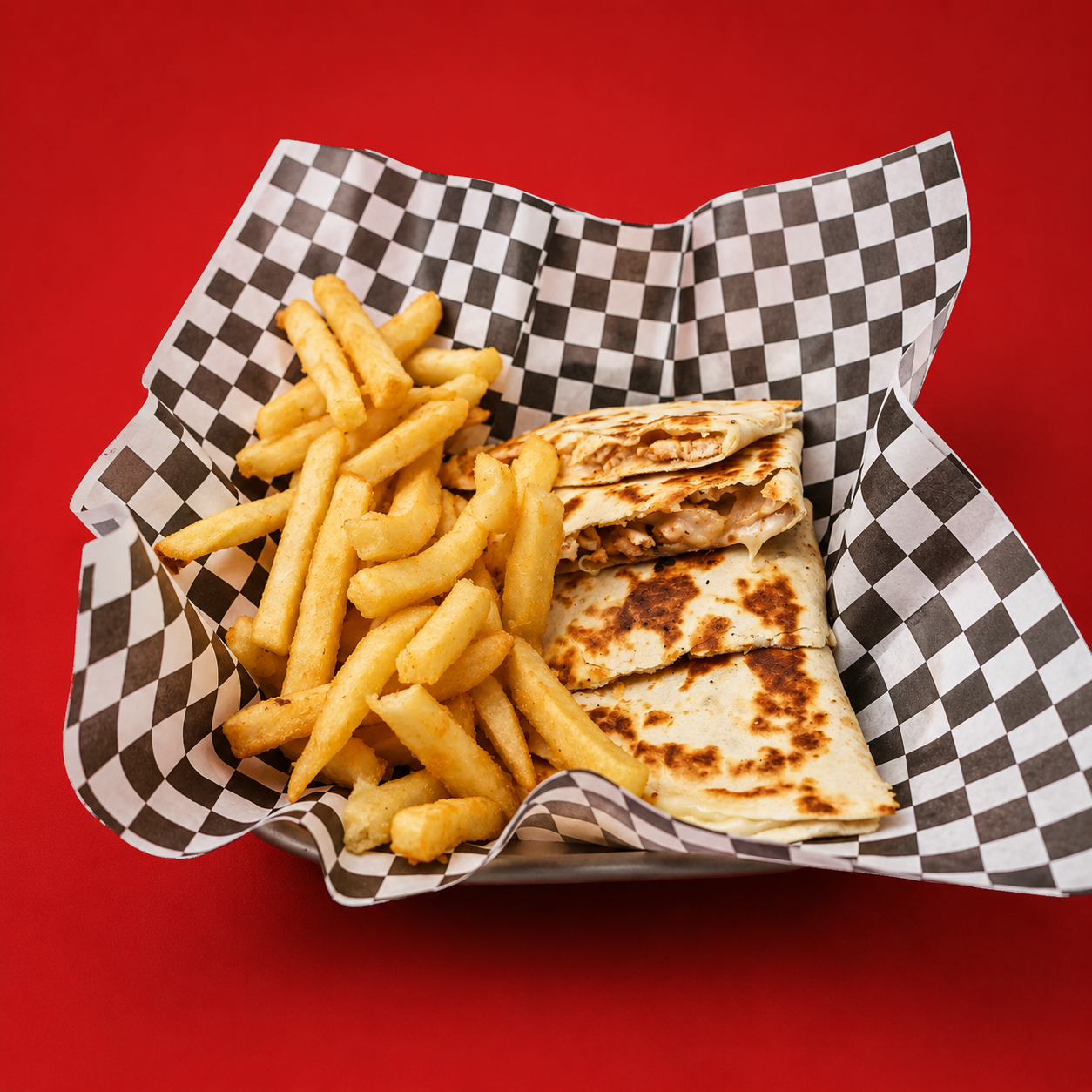 Chicken Shawarma Quesadilla With Fries.