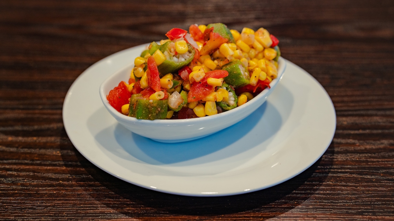 LARGE CORN, OKRA & TOMATOES.
