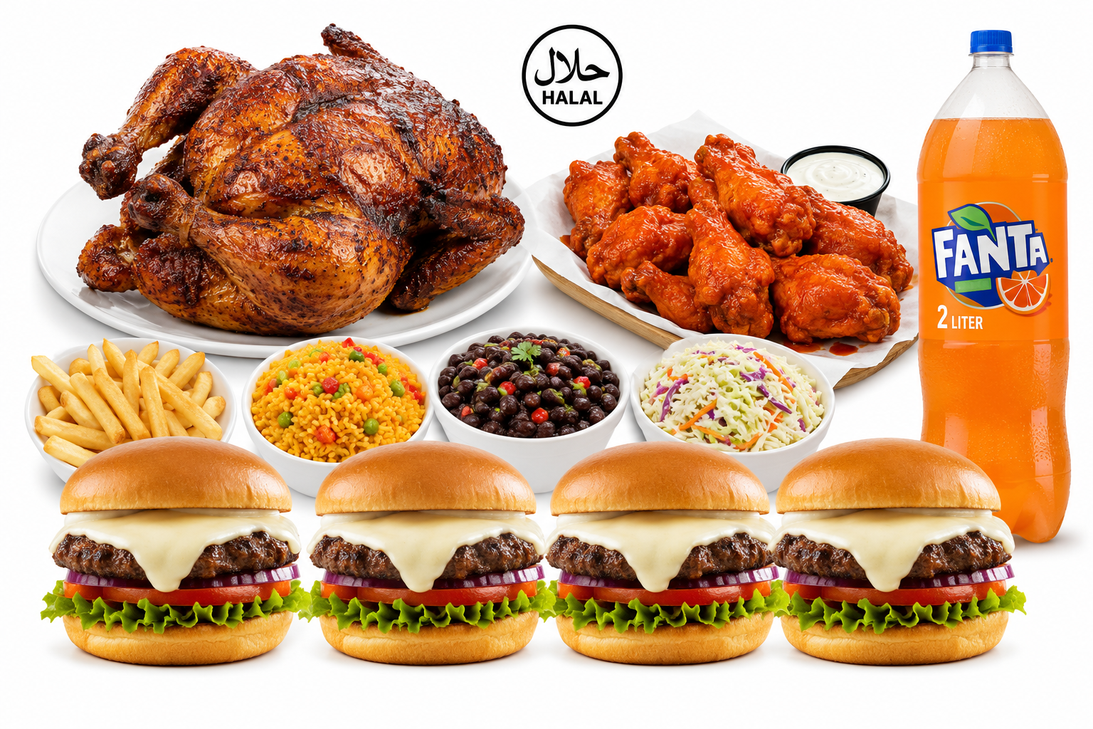 Family or Office Meal #3 🍗🔥 🍗🔥 (Whole Chicken+4 Sides, 4 Single beef Burgers, 20 Buffalo wings & 2 Liter fanta).