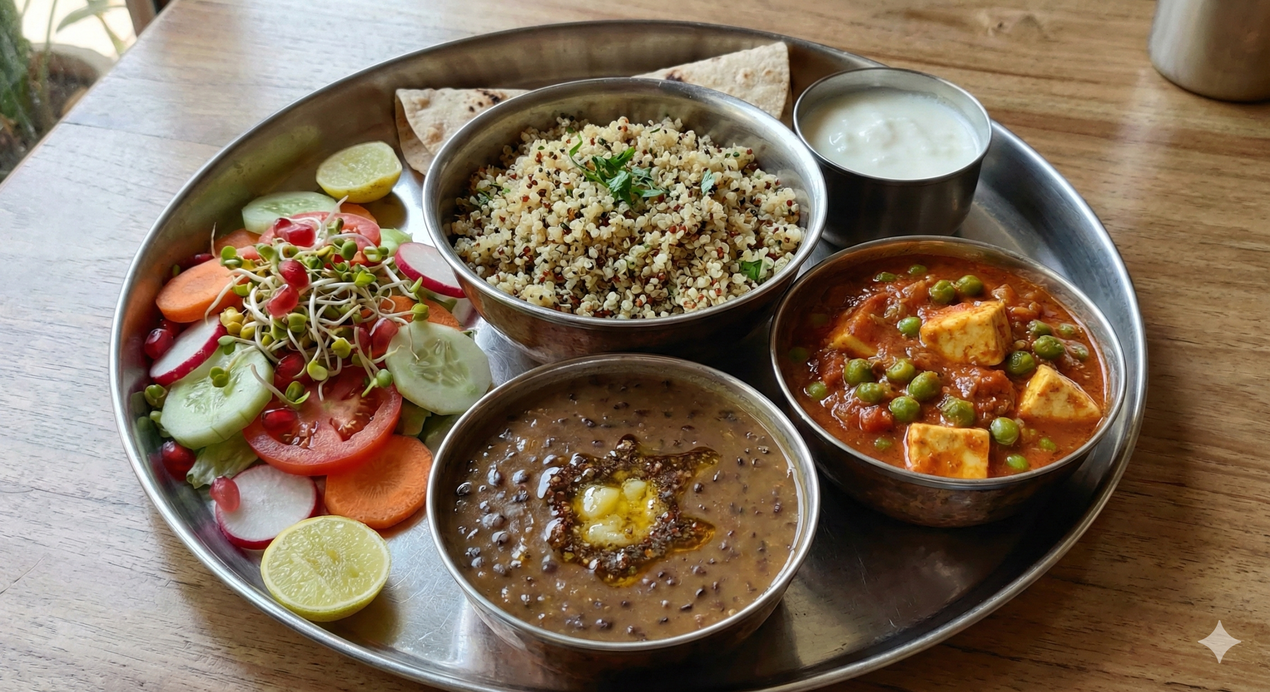 Protein Thali (Quinoa, Dal Or Beans, Sabzi, Paneer & Salad).