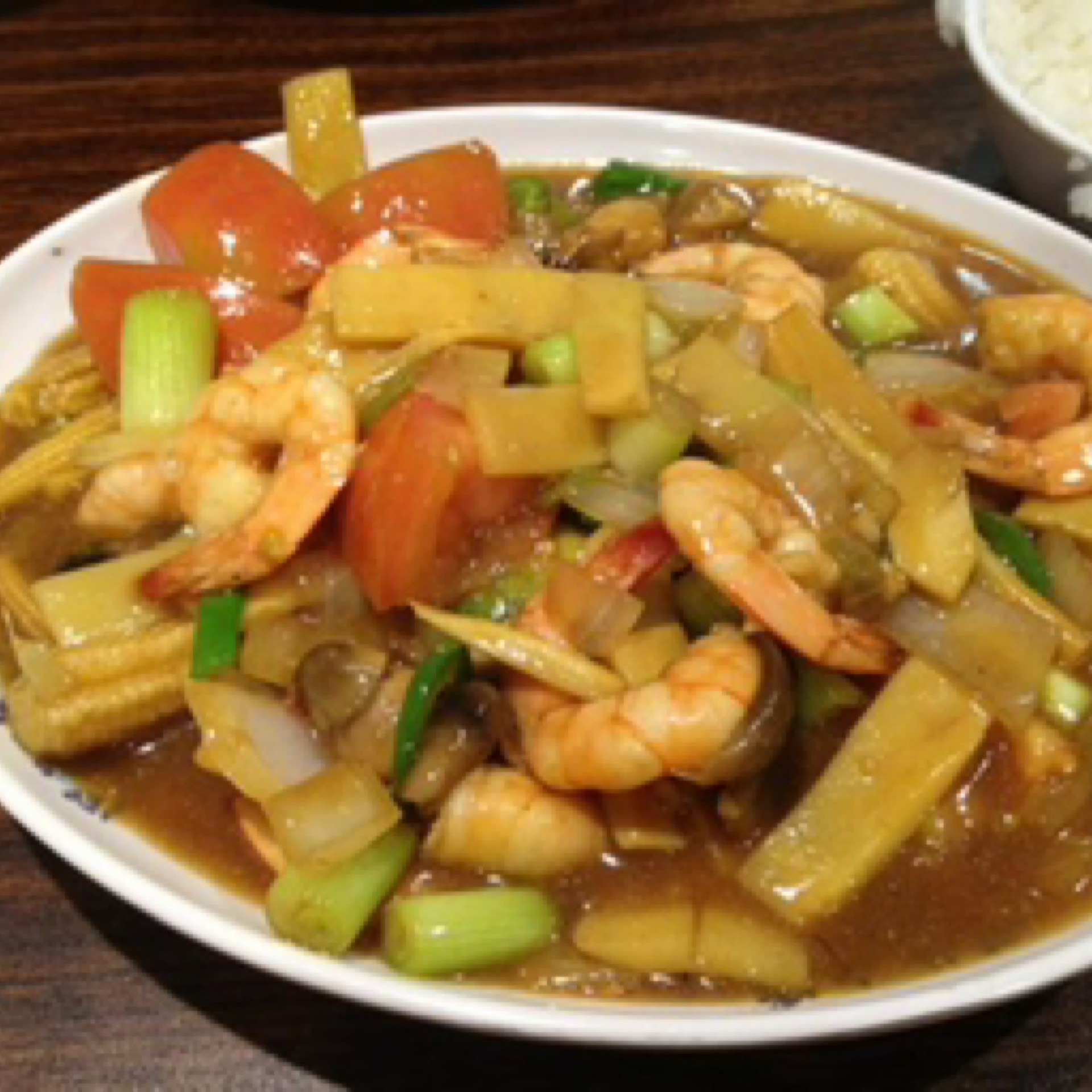 57. Prawn with bamboo shoot & mushroom - tôm xào măng nấm.