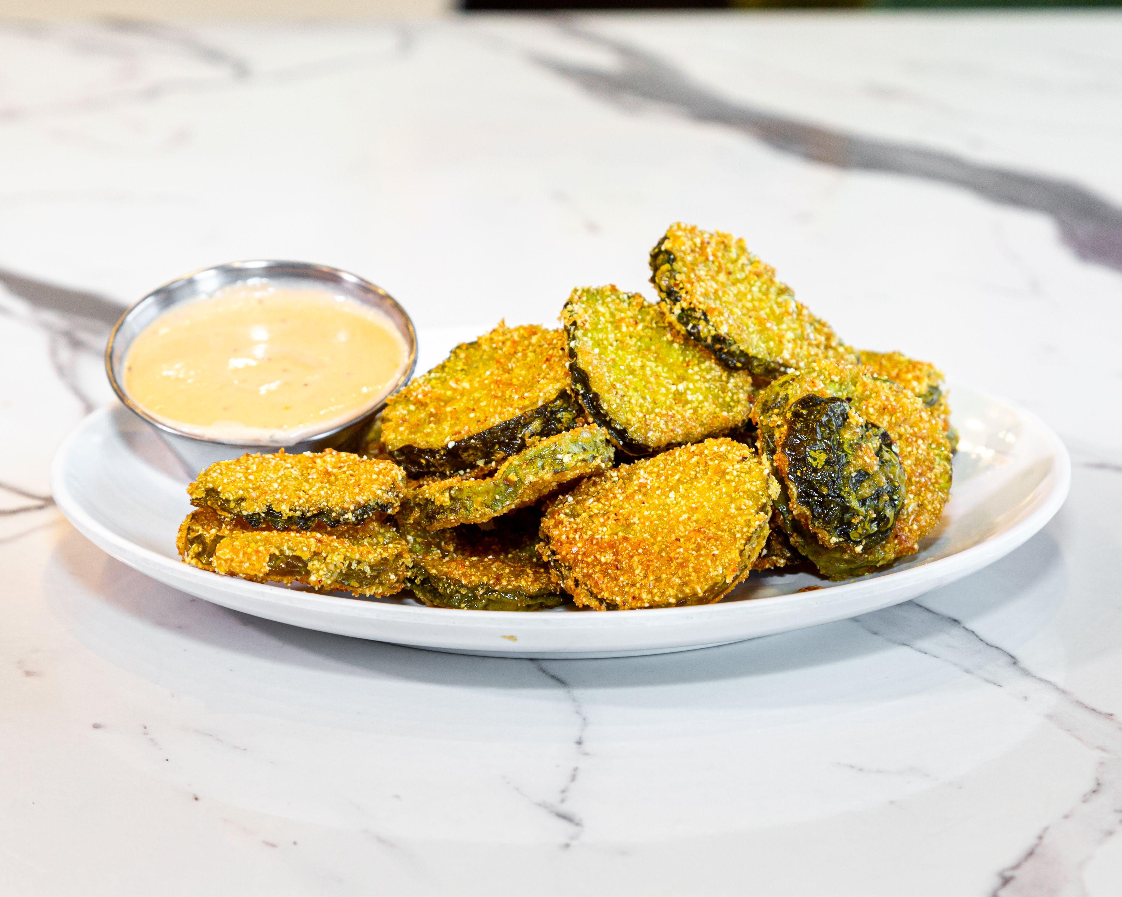 Cornmeal Fried Pickle Chips.