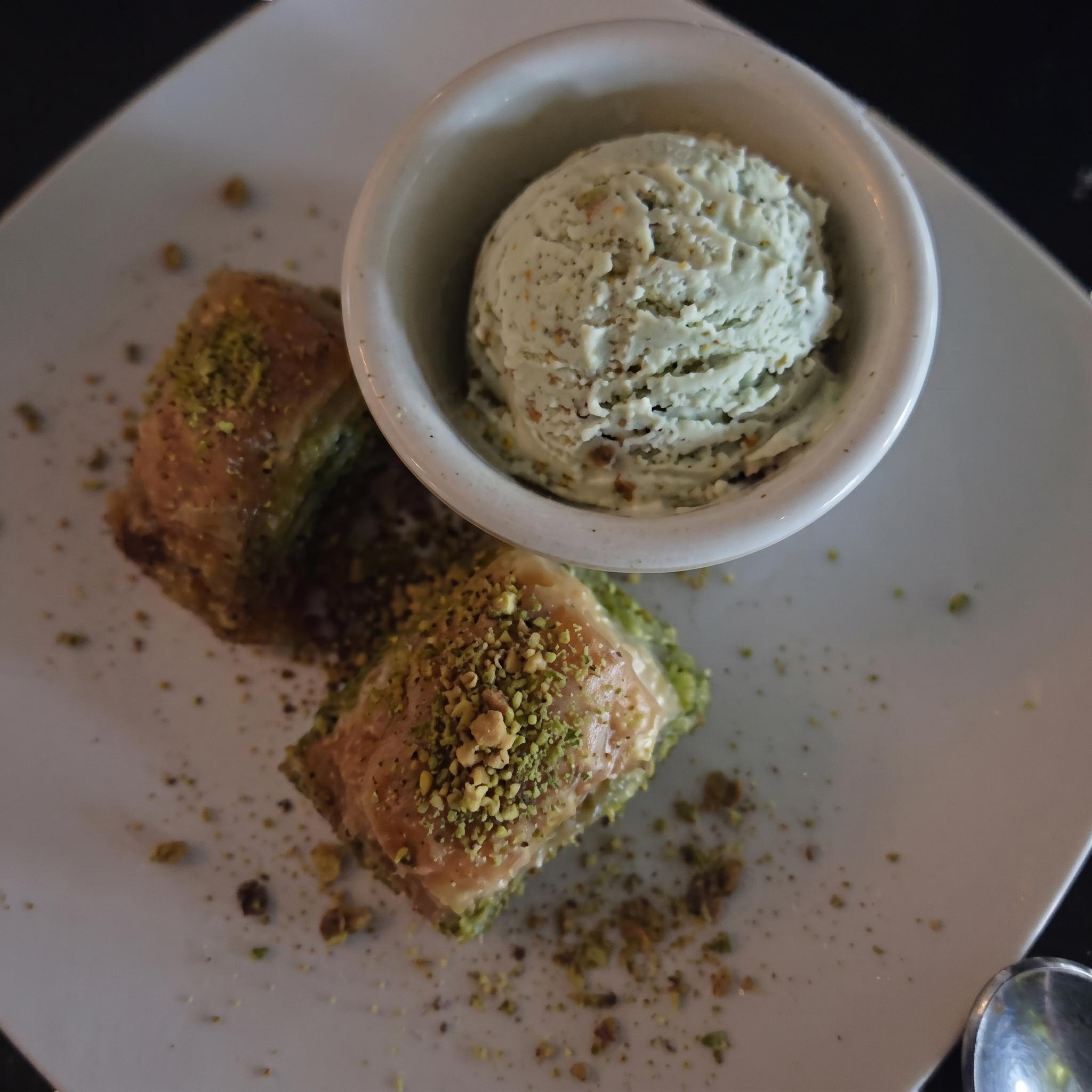 Turkish Baklava Served With Pistachio Gelato.