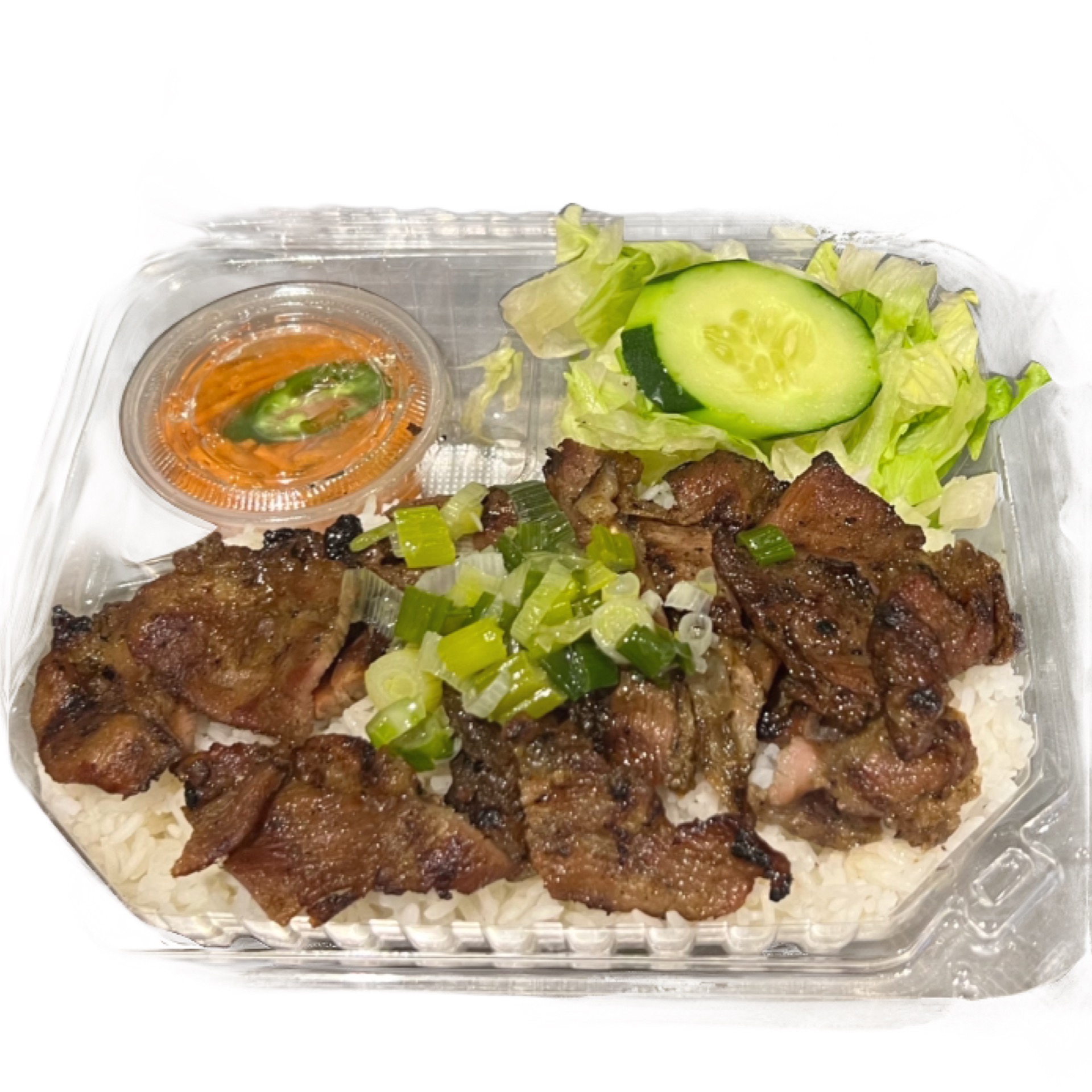 47. Pork shish kebab over rice - thịt heo nướng.
