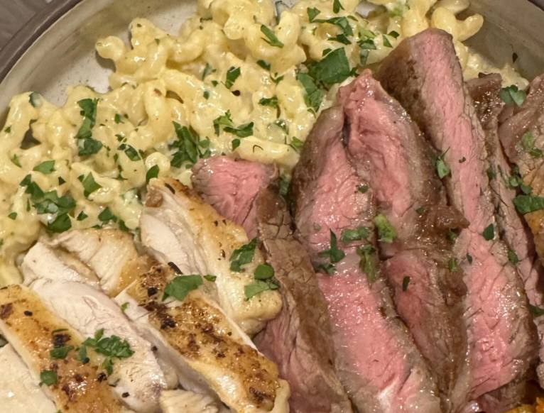 Steak And Chicken Alfredo.