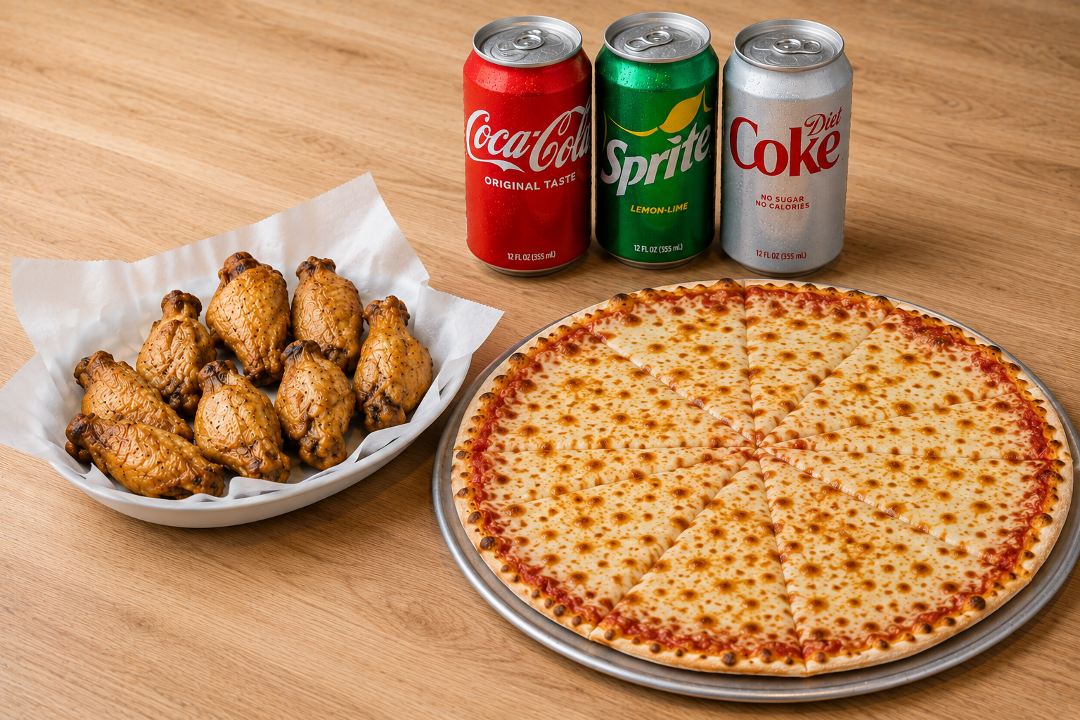 1 Large Pizza 14'' + 10 Wings + 3 Soda Cans.