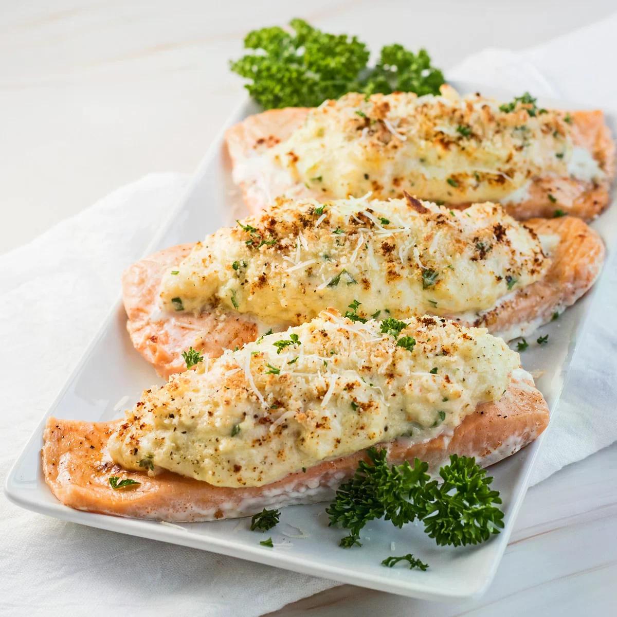 SALMON W/ CRAB MEAT.