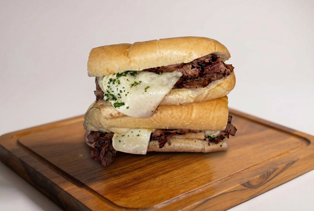 Hot Roast Beef, Gravy & Mozzarella Sandwich.