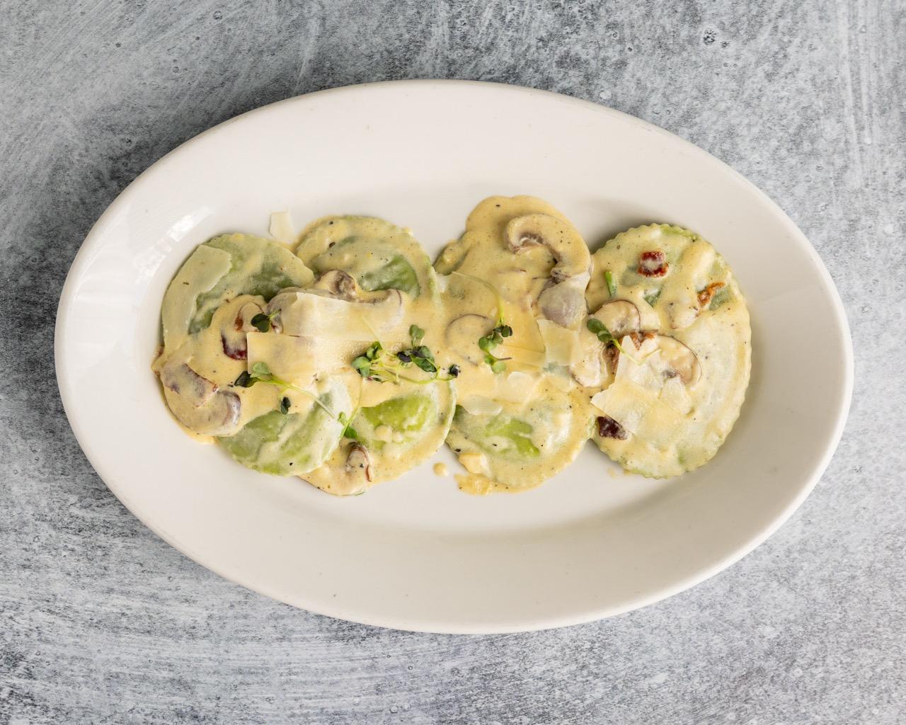 Florentine Ravioli with Mushroom Carbonara.