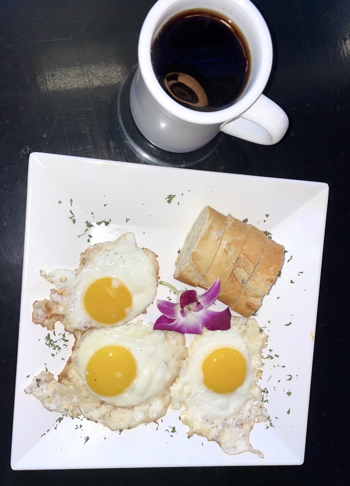 3 Eggs, Baguette, And Brew Coffee.