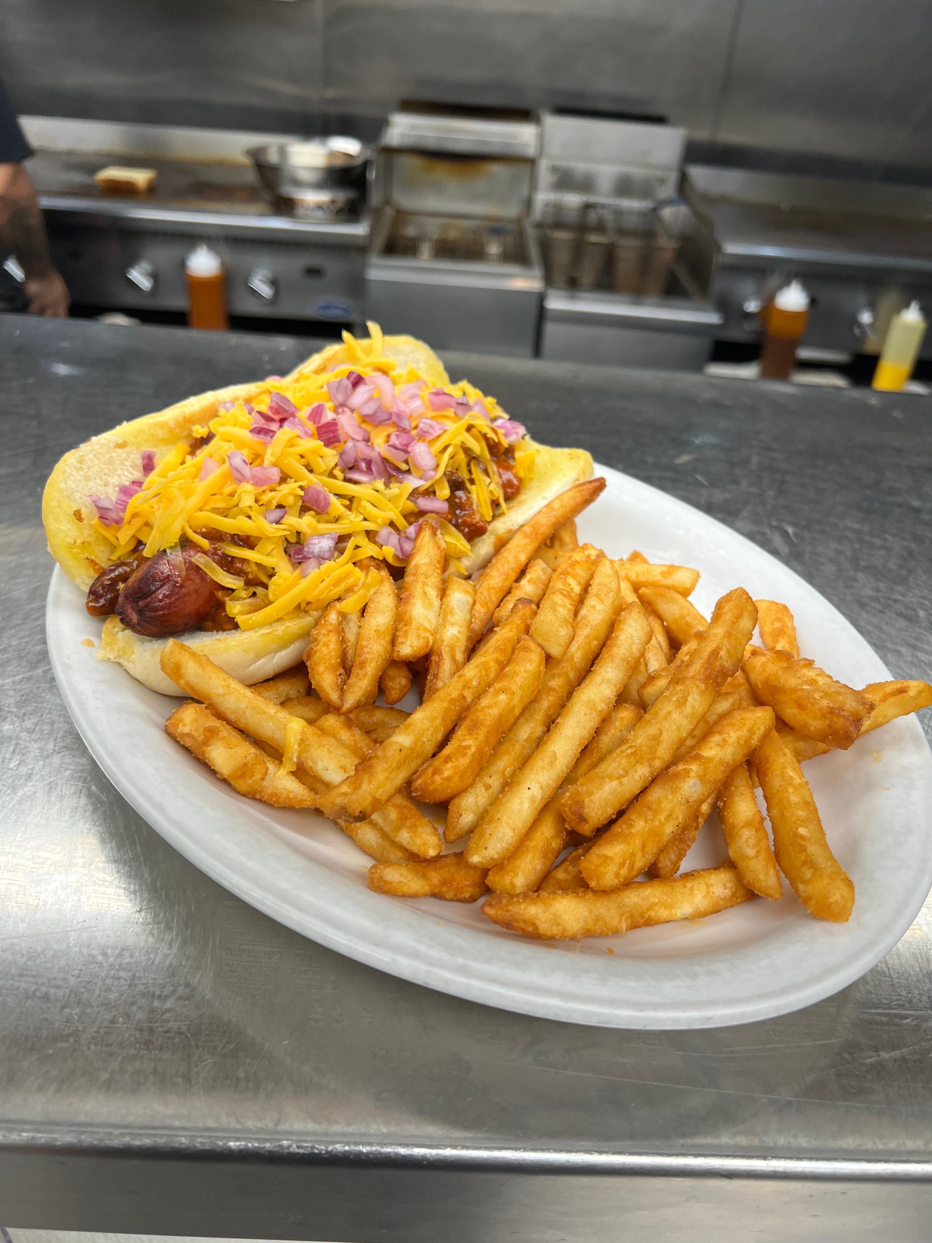 Chili cheese hot dog.