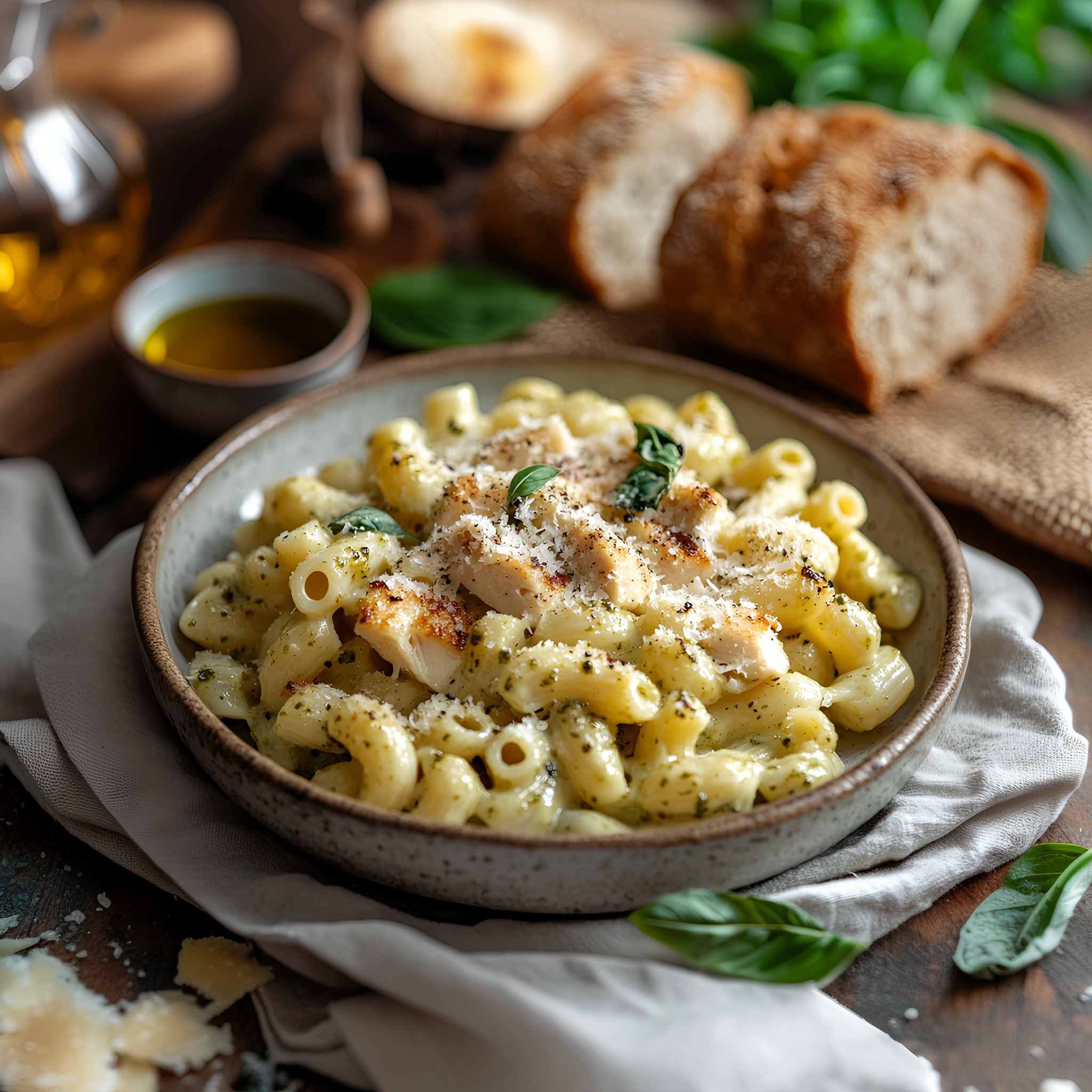 Chicken Pesto Mac and Cheese (Elbow macaroni, cheesy Alfredo blend, pesto, and chicken).