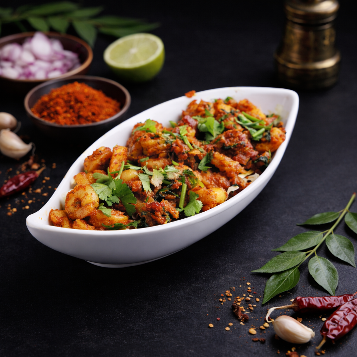 Nalla Karam Royyala Vepudu (Black Gunpowder Prawn Fry).