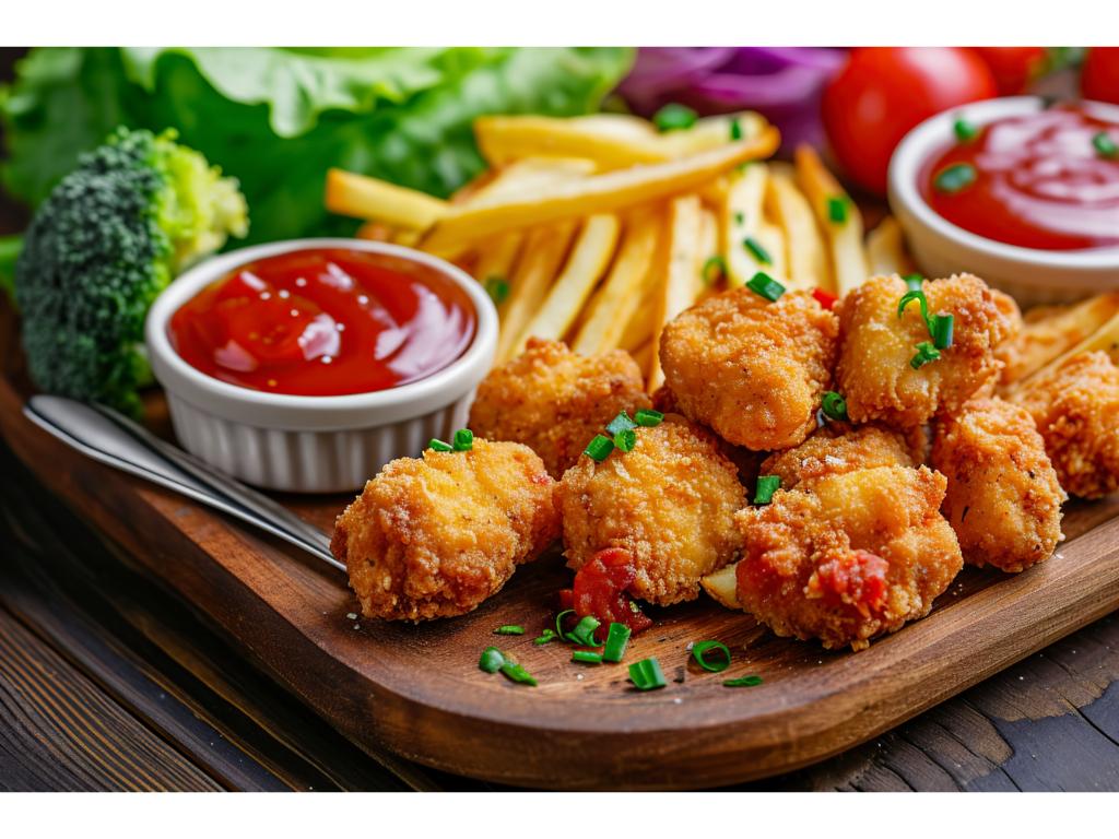 Kids Chicken Nuggets with French Fries & Apple Sauce.