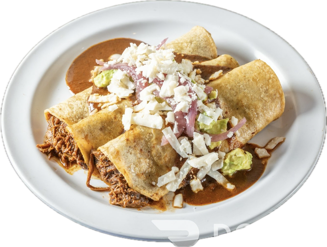 Chicken Mole Enchiladas, 3 Corn tortilla enchiladas, Mole Sauce, Avocado Hummus, Picled Red Onions, PB cheese.