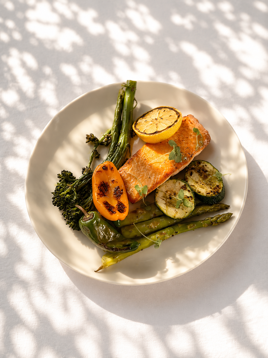 Grilled Faroe Island Salmon with Grilled Vegetables.