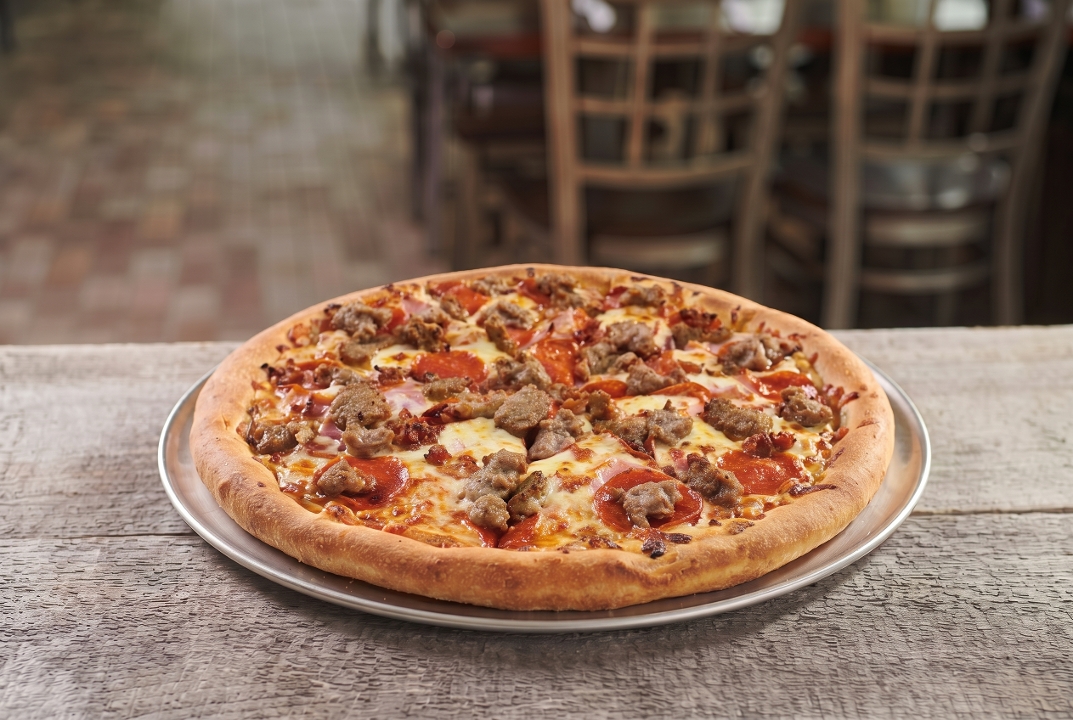 Large 13" Meat Lovers Pizza.