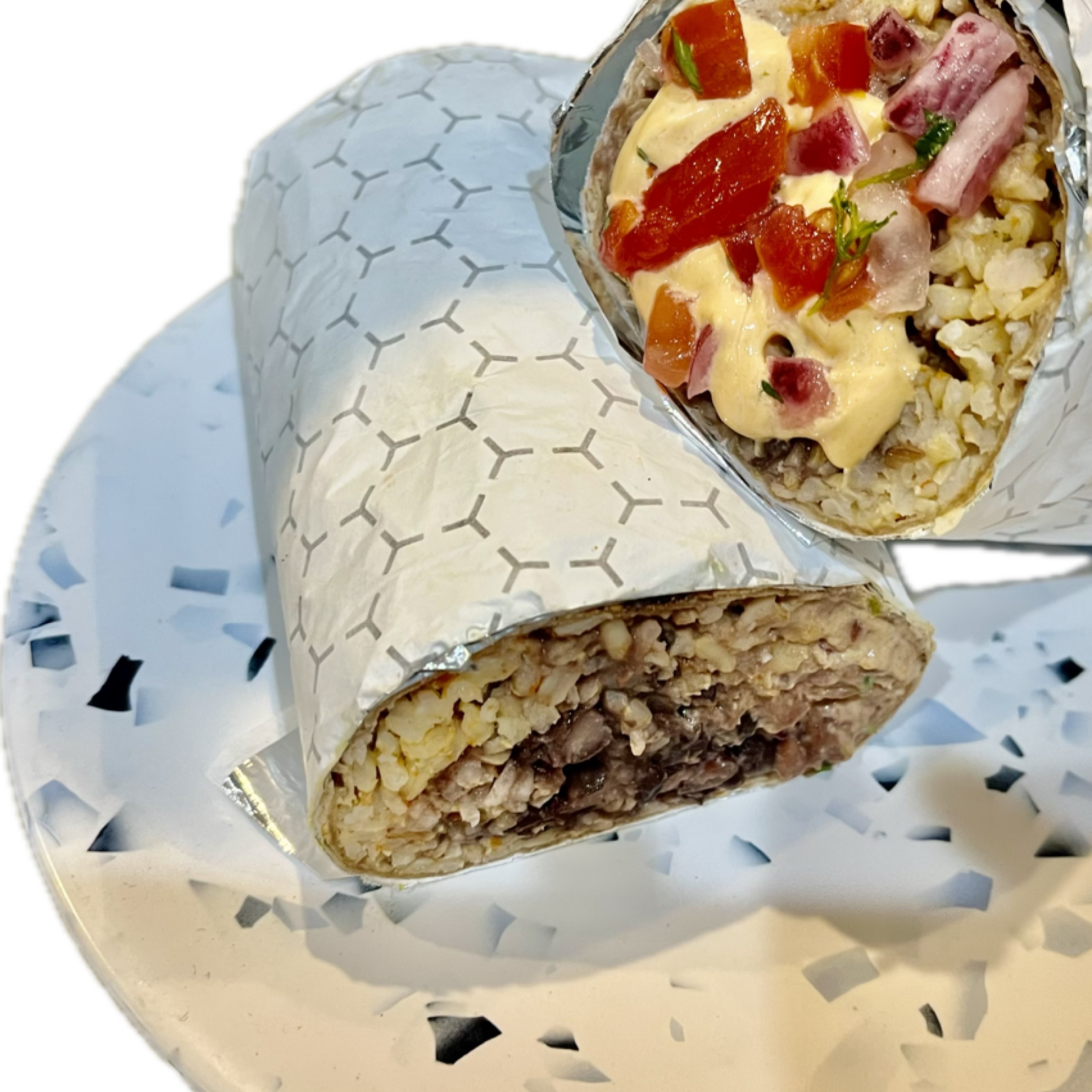 Mexiganoush Black Bean Falafel Burrito, Mexican Brown Rice, Black Beans, Chipotle Mayo, Babaghanoush, Pico de Gallo.