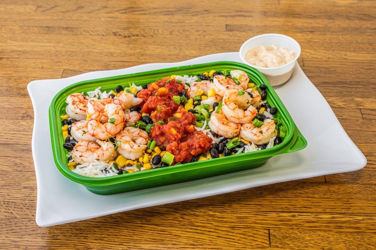 Caribbean shrimp rice bowl.