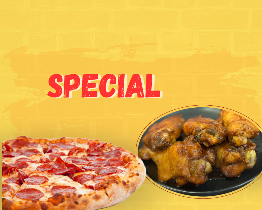 2 Toppings Pizza + 10 Wings.