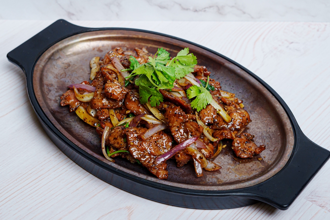 Black Pepper Steak Grill Sizzling 黑胡椒牛排 Placa caliente Parrilla.