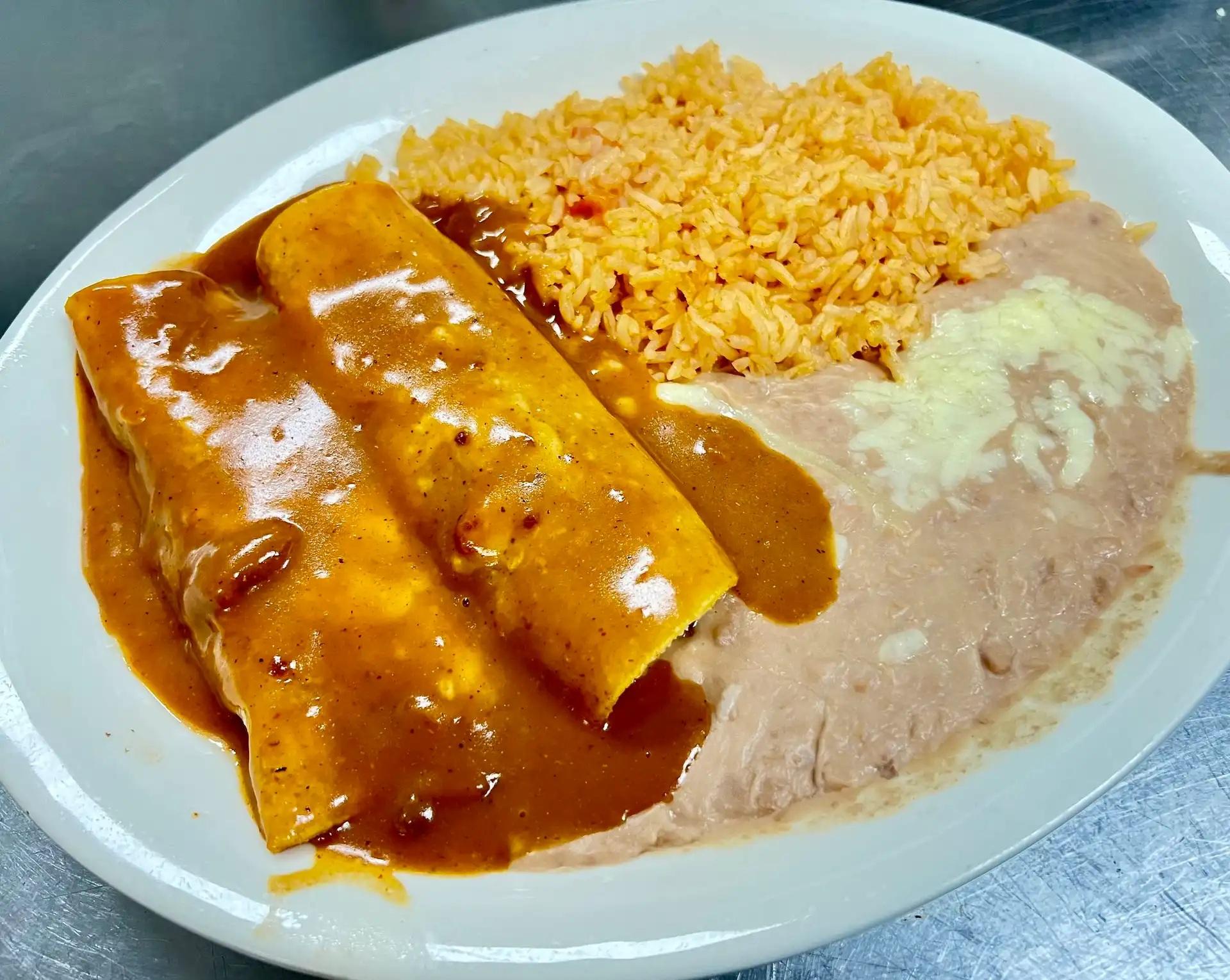 Two Enchiladas with Rice & Beans.
