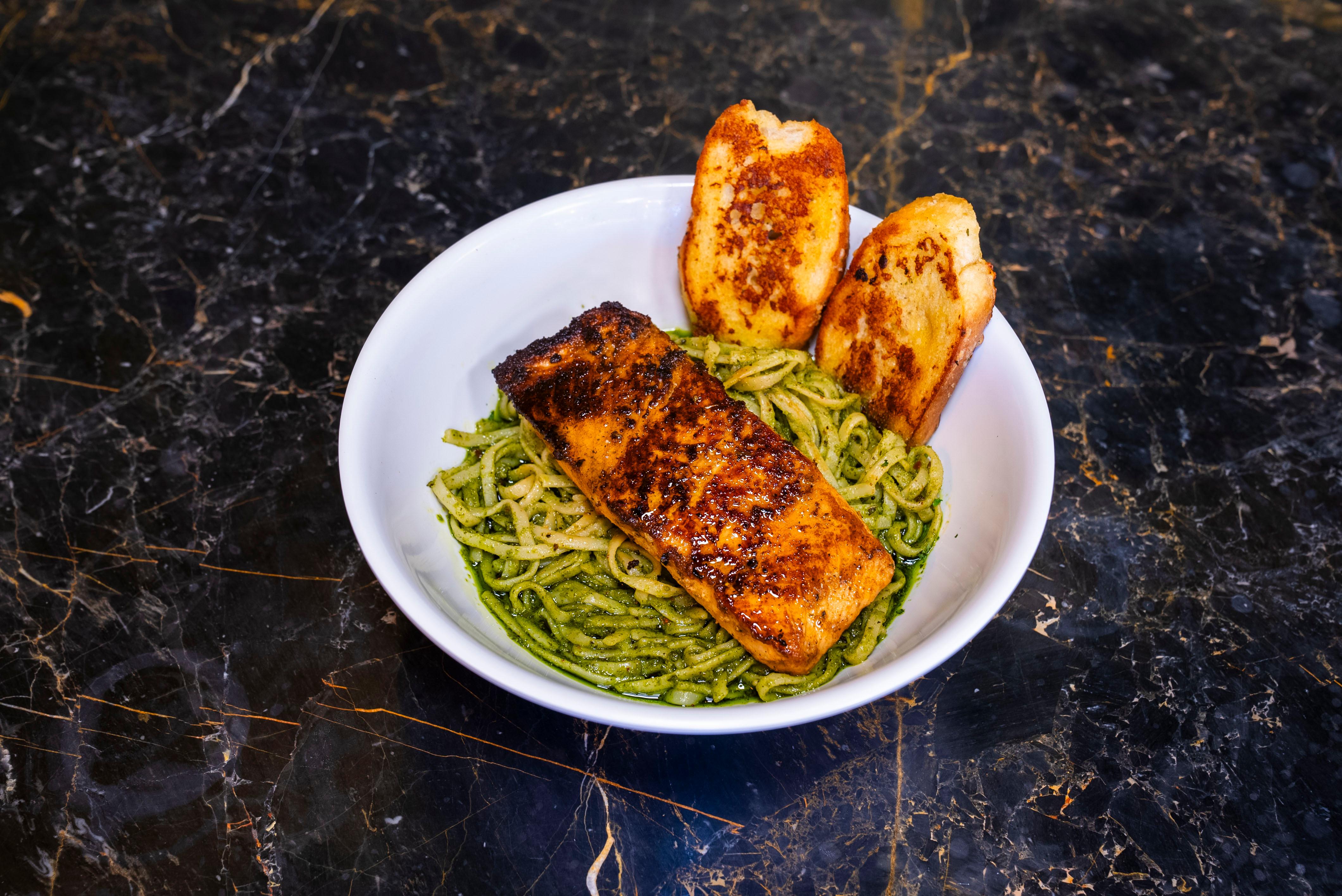 Salmon Pesto Spaghetti.