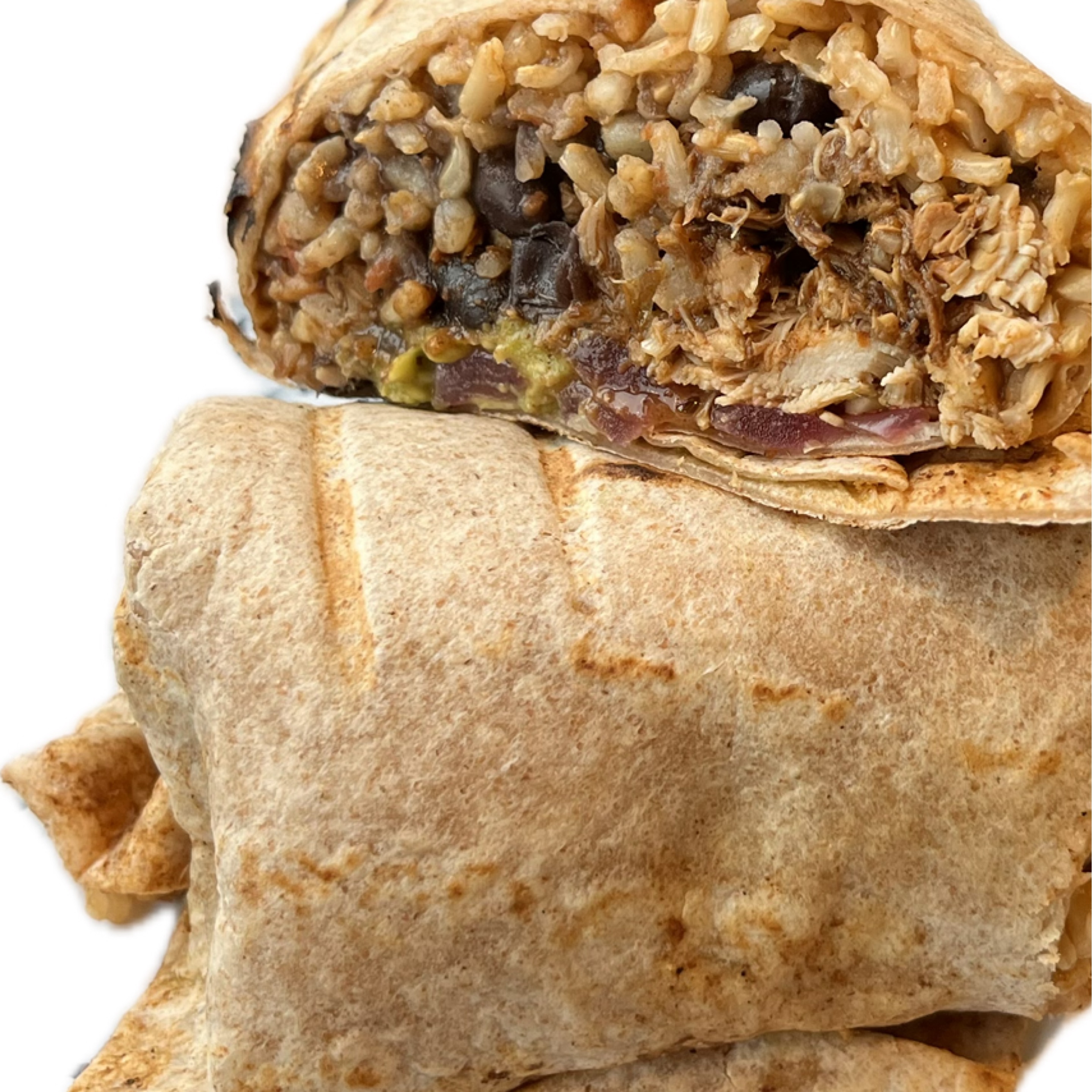 Shredded Chicken Mole Burrito, Pickled Onions, Avocado Hummus, Shredded PB Cheese.