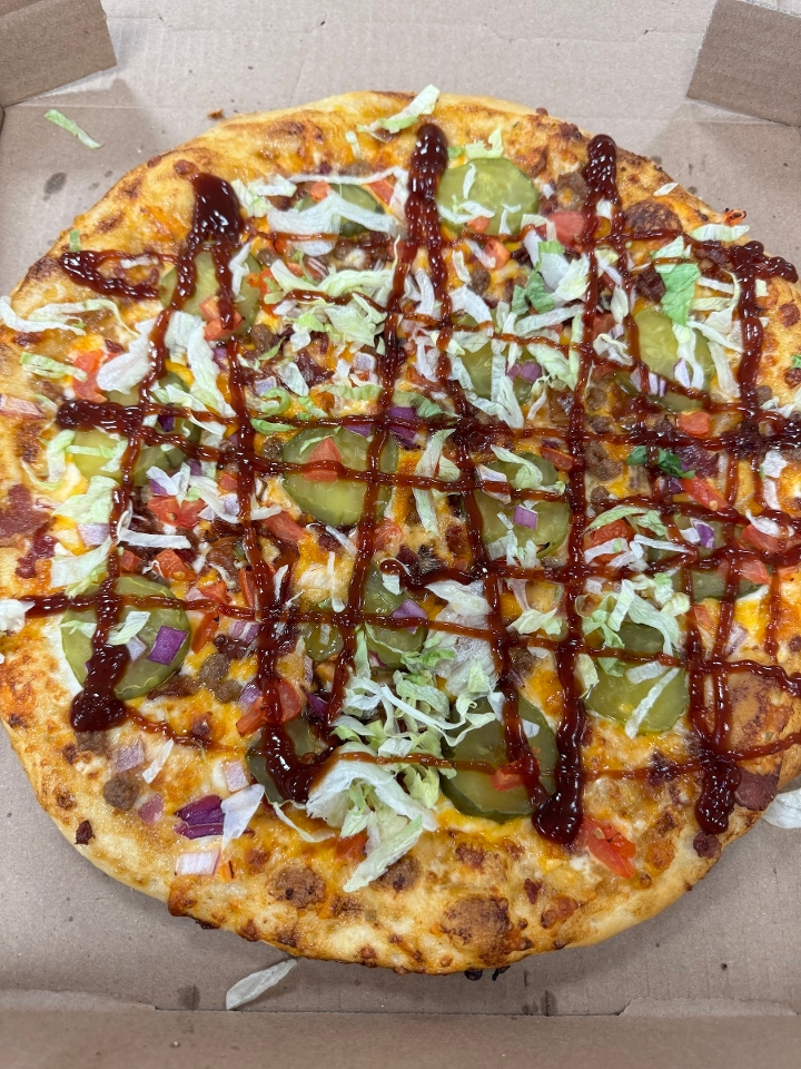 10" Bacon Cheeseburger Pizza.