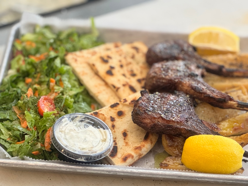 LAMB CHOPS w/ Lemon Pot. and Marouli Salad.