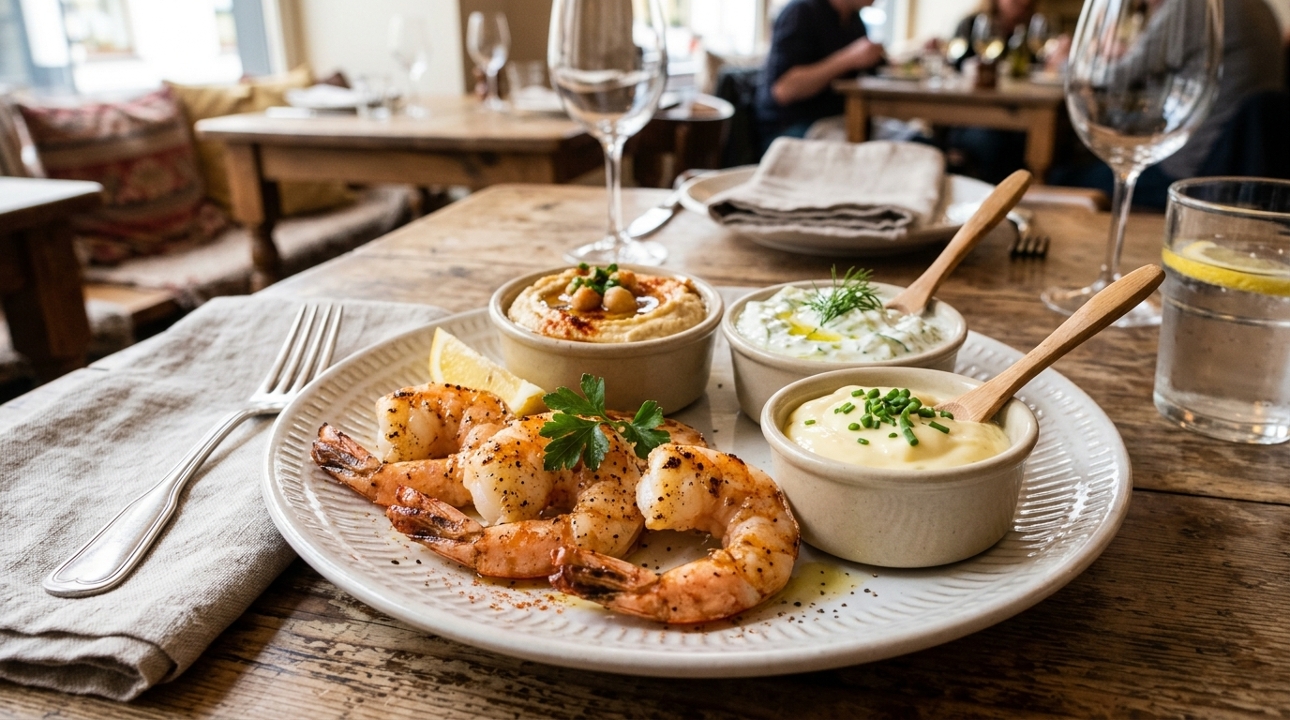 SHRIMP (4) with Hummus, Tzatziki or Garlic Spread.