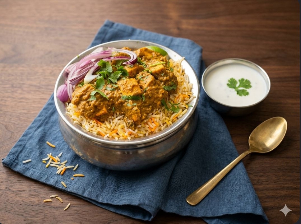 Parchi Mirchi Paneer Biryani.