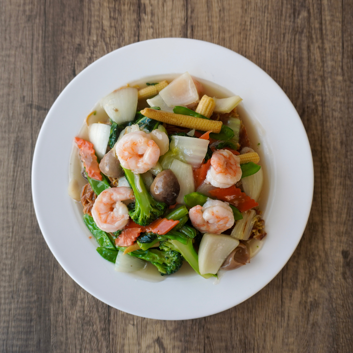 瓜菜虾炒面 141.Shrimp with Mixed Veg. Chow Mein.