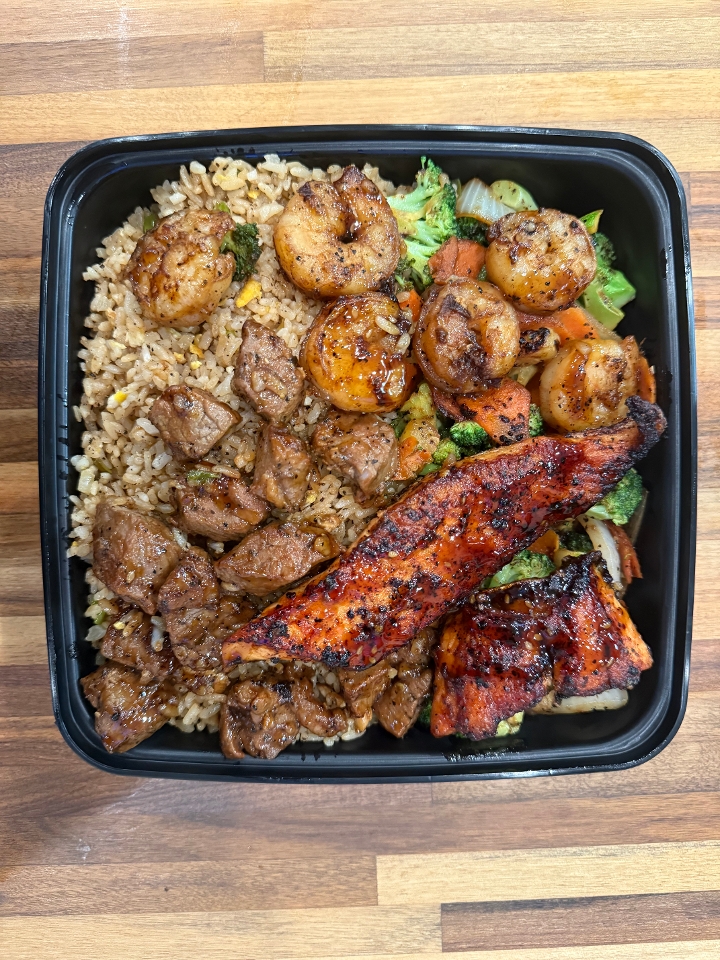 Steak, Shrimp, Salmon Trio Bowl.