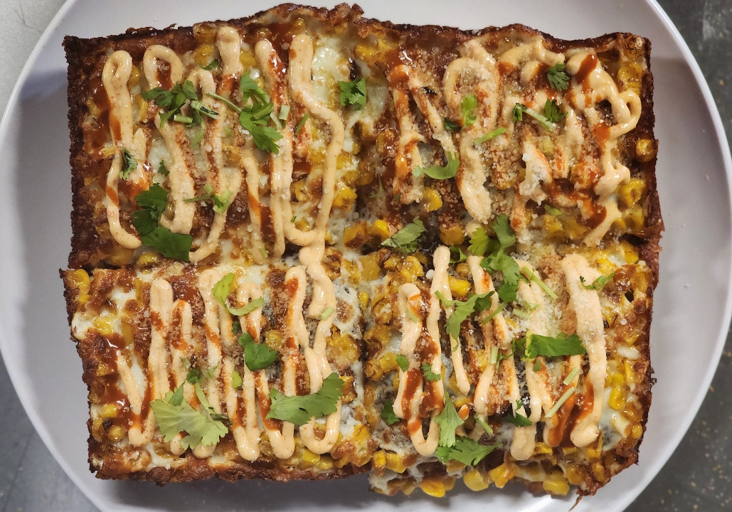 Small Elote Detroit-Style Pizza.