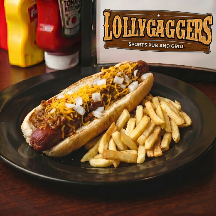 Footlong All Beef Chili Cheese Dog.